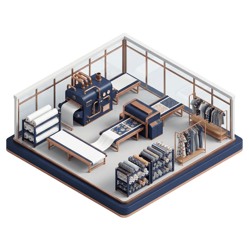 Shreenathji Marketing — isometric factory showing paper roll processing, slitting, and printing workflow